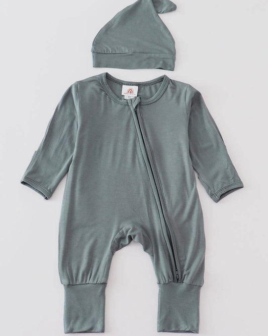 Bamboo Zipper Romper with Hat - Charcoal Blue